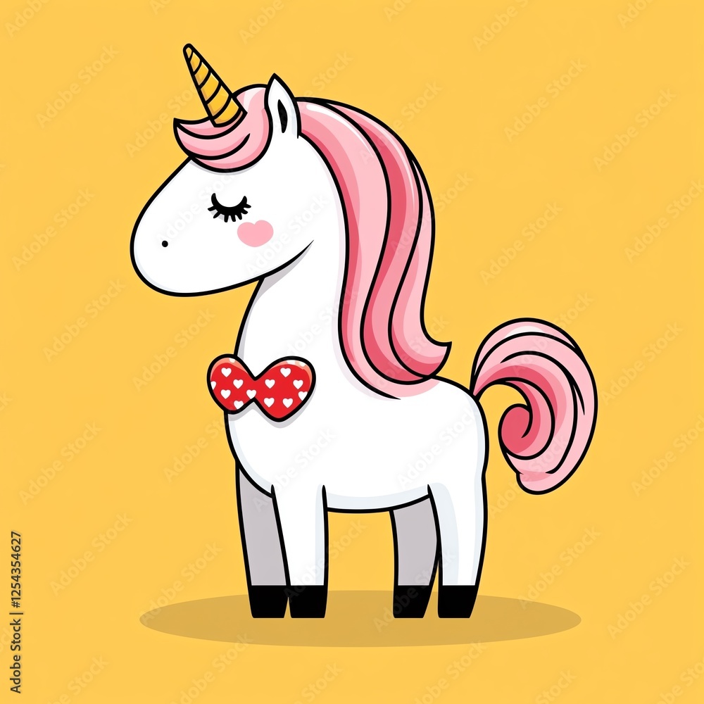 Fototapeta premium Cute cartoon unicorn with pink mane, polka dot bow, and a friendly expression on a bright yellow background.
