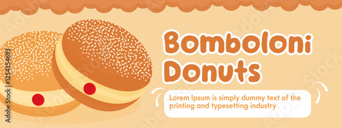 Bomboloni Donuts Banner features vibrant donuts with sprinkles, creamy filling, and playful text, perfect for promotions or menu boards photo