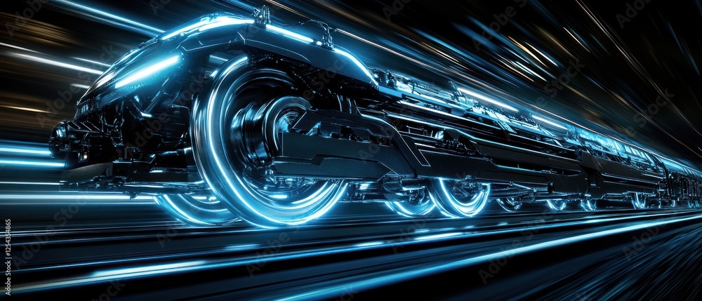 Futuristic train speeding through a neon-lit tunnel, showcasing advanced technology in motion, vibrant colors Futuristic train speeding through a neon-lit tunnel, showcasing advanced technology in motion, vibrant colors