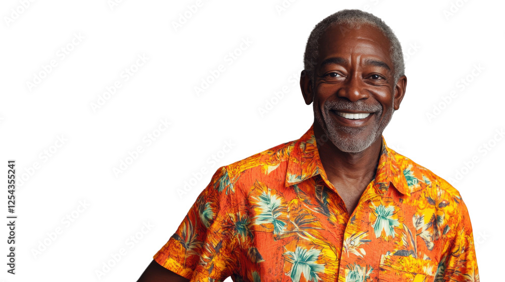 Obraz premium Smiling elderly man in vibrant hawaiian shirt on transparent background