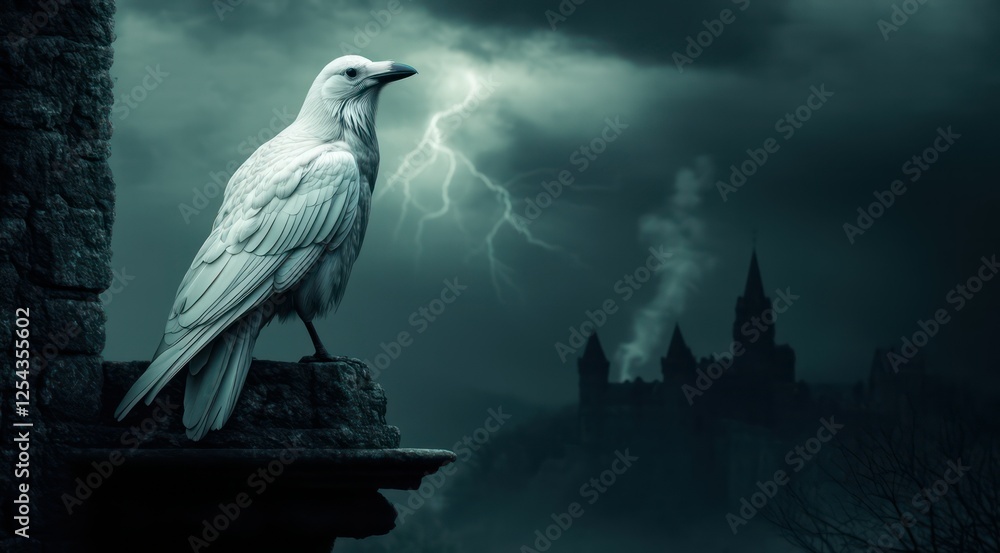 Fototapeta premium A white raven perched ominously during a stormy night.