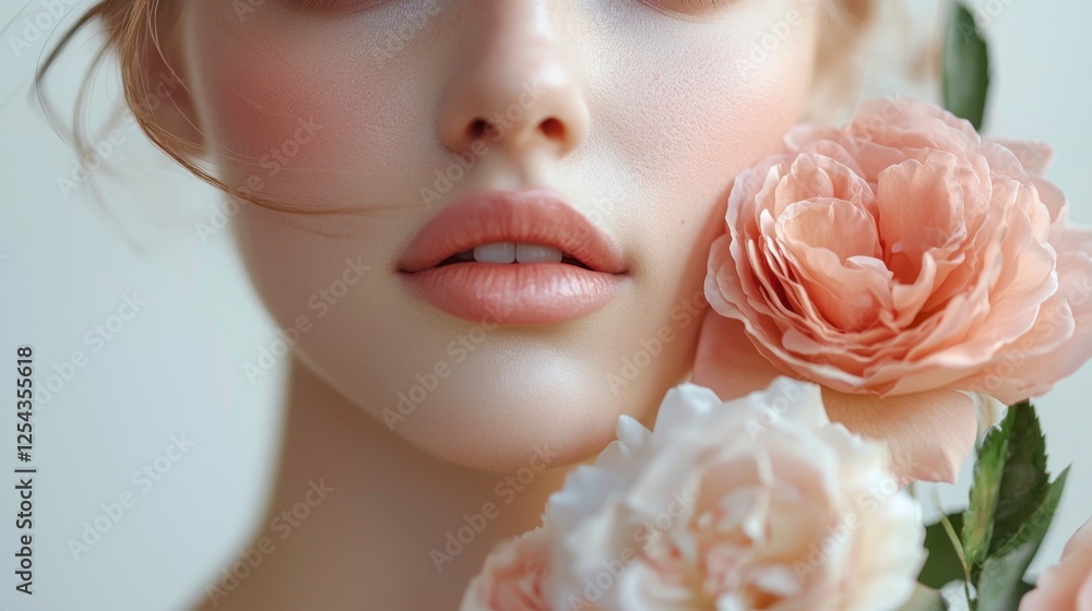 Fototapeta premium Close-up Portrait of a Woman's Face with Peach Roses