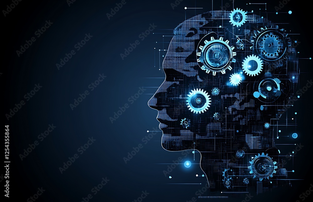 Abstract representation of a human head with gears and digital elements, symbolizing technology and innovation Abstract representation of a human head with gears and digital elements, symbolizing technology and innovation