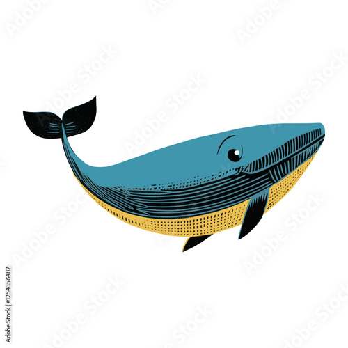 Linocut blue whale illustration animal cute vector