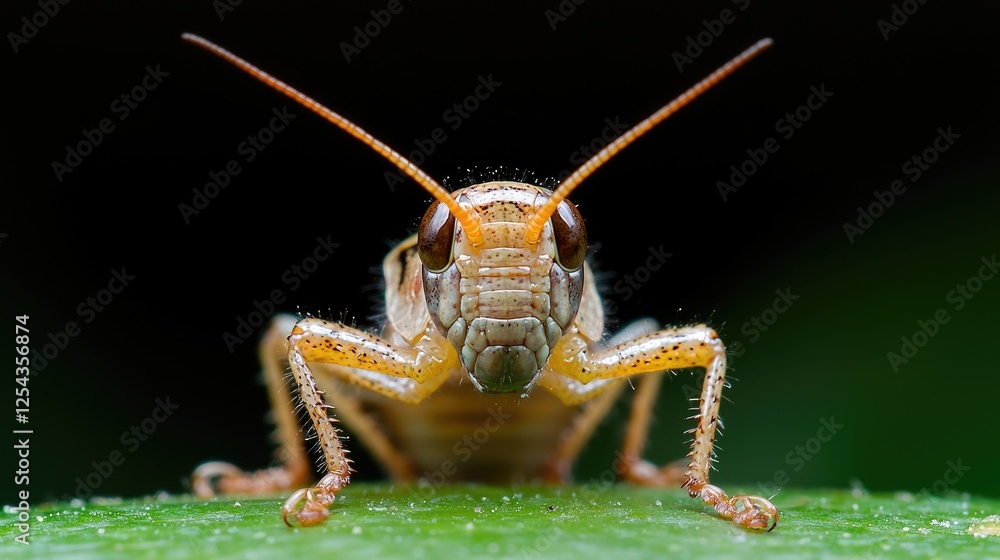 Naklejka premium Close-up of grasshopper on leaf, dark background, nature macro shot, wildlife photography