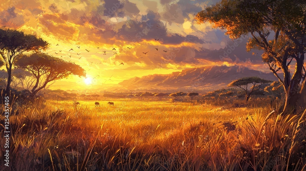 Fototapeta premium African Savanna Sunset: Golden Hour in the Serengeti