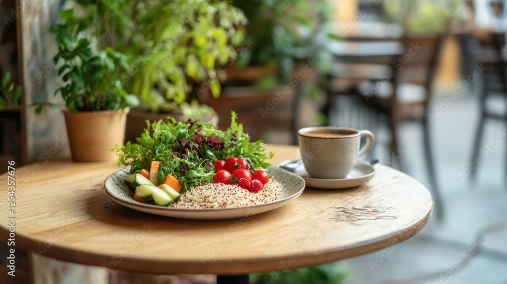 Fresh organic meal of quinoa and vegetables sits on a rustic cafe table with a coffee cup nearby Fresh organic meal of quinoa and vegetables sits on a rustic cafe table with a coffee cup nearby