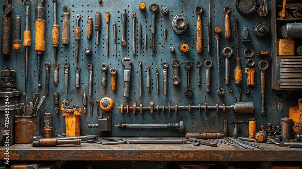 Organized Workshop Wall with Hanging Metal Tools in an Industrial Setting Organized Workshop Wall with Hanging Metal Tools in an Industrial Setting