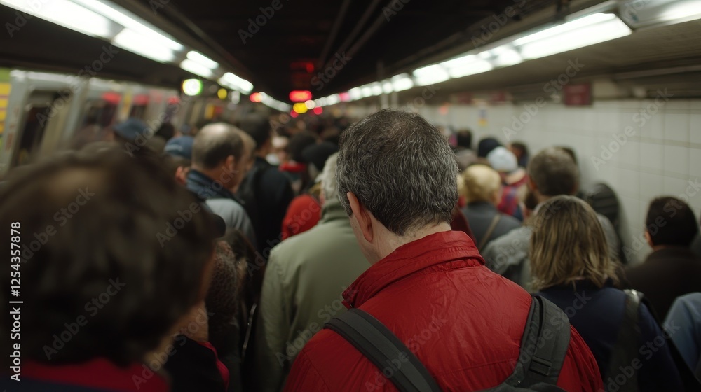 Subway Passengers Rush Hour, Crowded Tunnel, NYC Subway Passengers Rush Hour, Crowded Tunnel, NYC