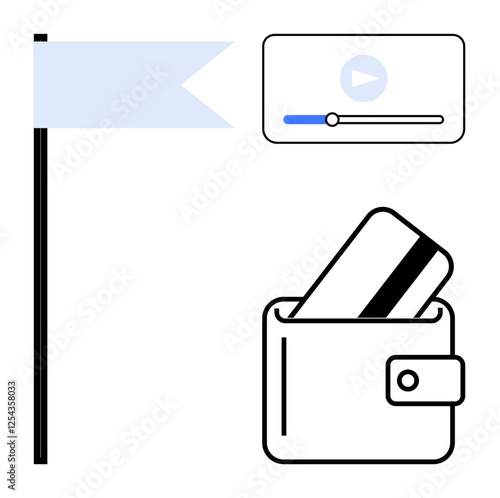 Flag represents goals next to media player interface and wallet with credit card. Ideal for finance, technology, online media, advertising, digital payments, goal-setting, multimedia content. Line