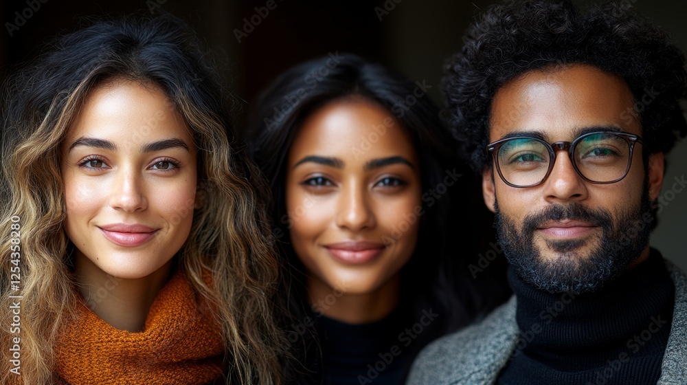 Multiracial individuals smiling warmly, radiating joy and connection in a vibrant, clean composition Multiracial individuals smiling warmly, radiating joy and connection in a vibrant, clean composition