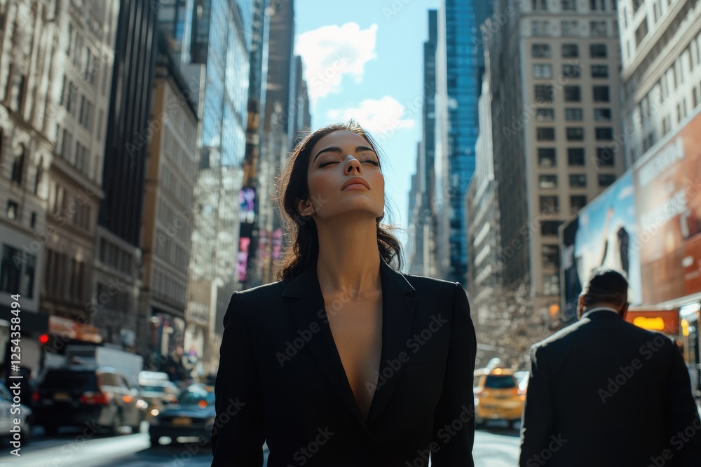 Fototapeta premium Woman in Black Blazer Eyes Closed City Street