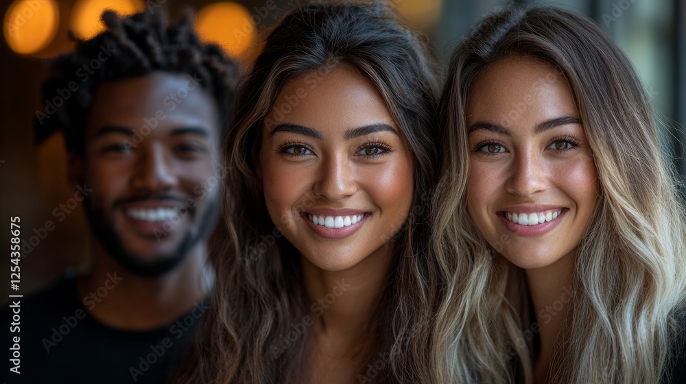 Multiracial individuals smiling warmly, radiating joy and connection in a vibrant, clean composition