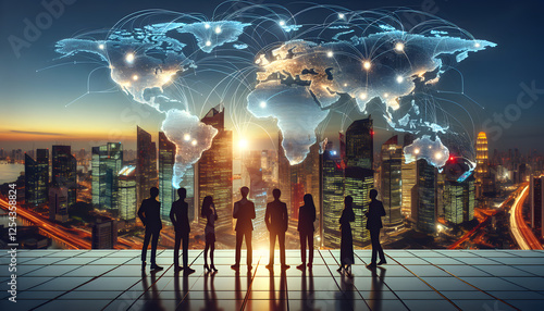Globalization Concept with Silhouettes Over Connected Cityscape