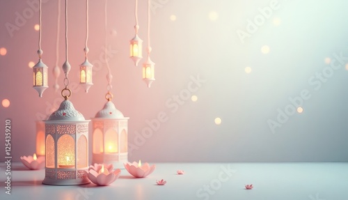Ramadan and Eid Al Fitr banner,card,poster, elegant Luxury soft Ramadan Night background, serene Ramadan design with soft, pastel colors, and floating lanterns
