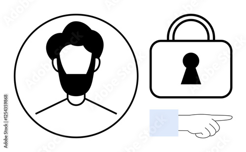 Persons profile silhouette in a circle, a padlock, and a pointing hand. Ideal for online security, privacy protection, user authentication, biometrics, access control, identity verification