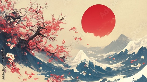 和風イラスト 桜と波模様が織りなす幻想的な春の風景