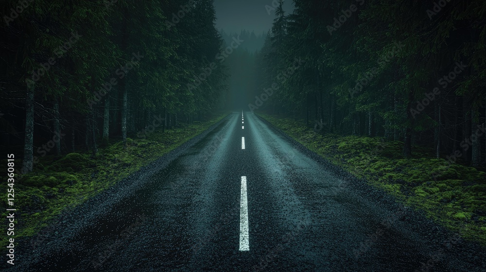 Obraz premium Rainy road through dark forest, misty background, travel concept