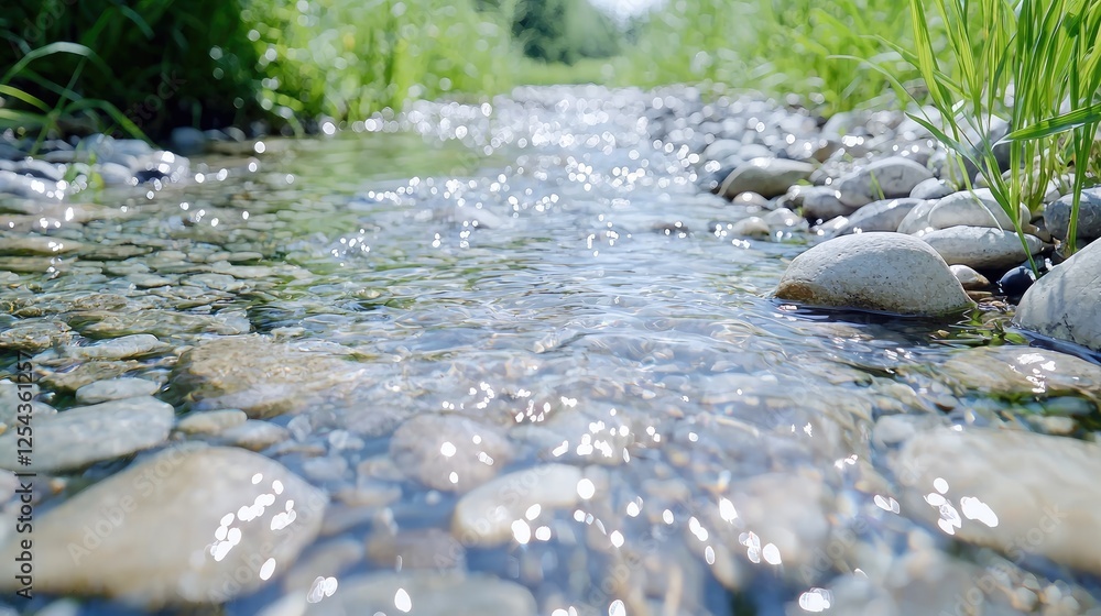 Fototapeta premium Clear stream flows over pebbles, lush greenery background, nature serenity