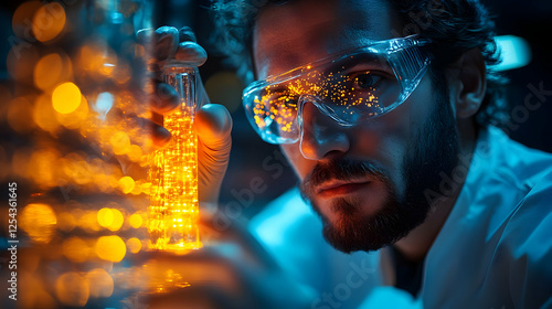 Wallpaper Mural Scientist examining glowing liquid in laboratory, focused on research and innovation Torontodigital.ca