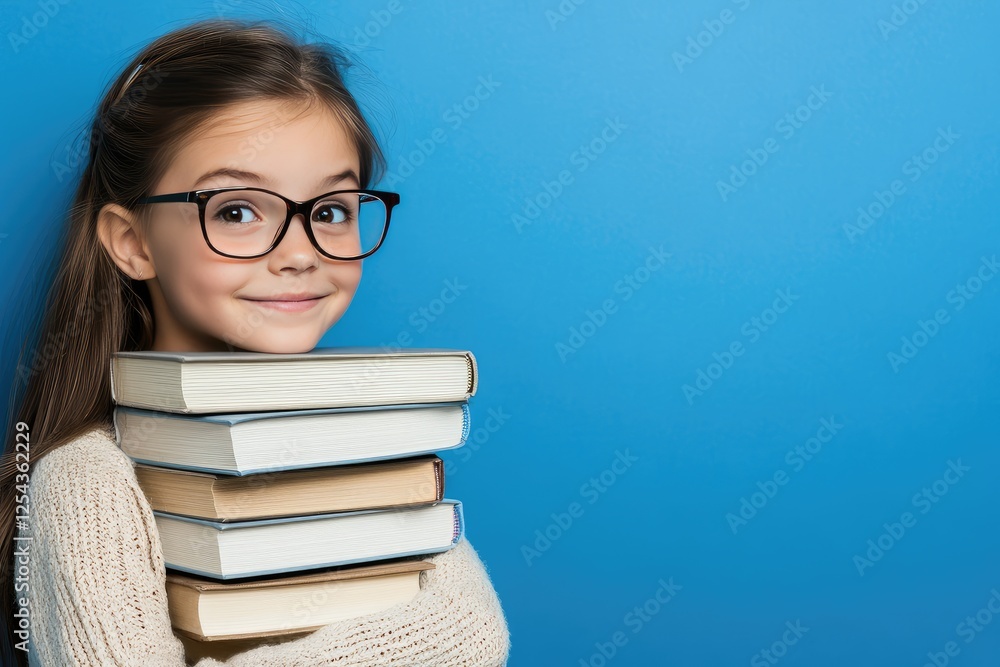 Girl wearing glasses holds a stack of books Girl wearing glasses holds a stack of books