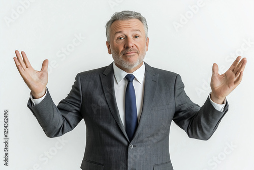 American elderly businessman, wearing a tailored charcoal gray suit, white dress shirt, and a navy blue tie, making an expressive 