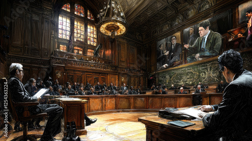 A courtroom scene depicting a trial with lawyers and jurors engaged in proceedings