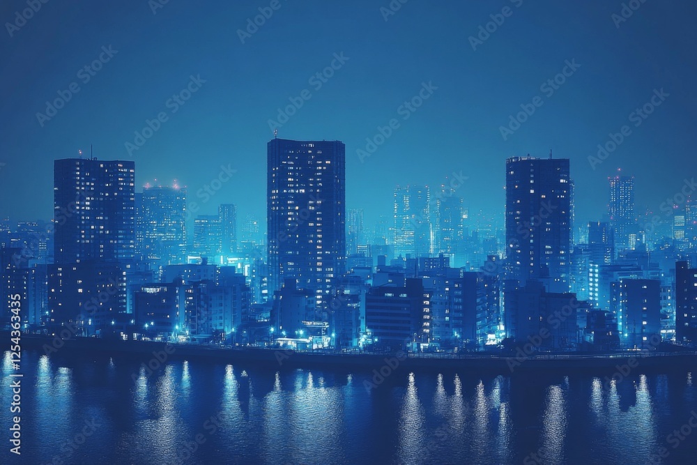 Obraz premium City skyline at night with buildings illuminated by blue lights
