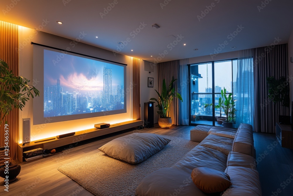 Home theater room with large screen and cozy seating arrangement Home theater room with large screen and cozy seating arrangement