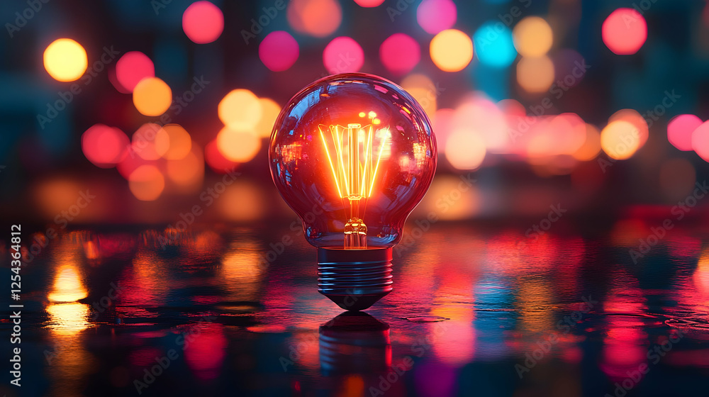 A glowing light bulb on a wet surface reflects colorful bokeh lights at night