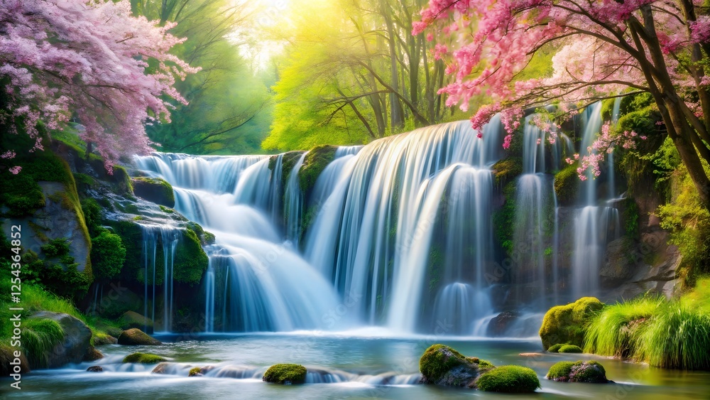 Obraz premium Serene Waterfall in Blossoming Garden