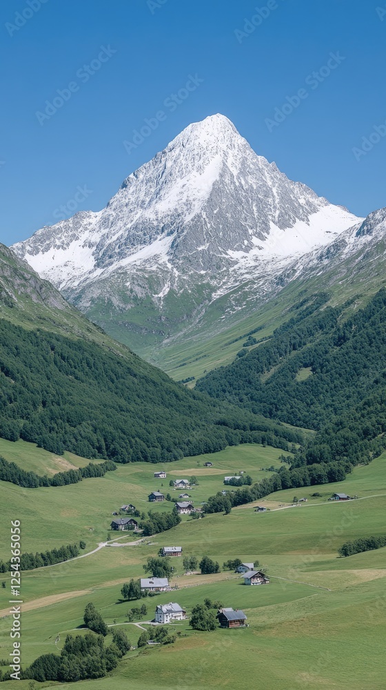 Stunning Alpine Landscape with Snow-Capped Mountain and Idyllic Village in Lush Green Valley Under Clear Blue Sky Stunning Alpine Landscape with Snow-Capped Mountain and Idyllic Village in Lush Green Valley Under Clear Blue Sky