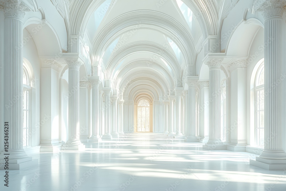 3D render of a white abstract minimalistic interior with columns and light rays, sharp focus, hyper-realistic details. 3D render of a white abstract minimalistic interior with columns and light rays, sharp focus, hyper-realistic details.