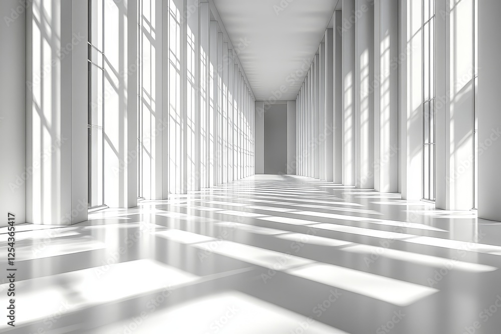 Obraz premium 3D render of an abstract white interior with light beams, vertical lines, and modern minimal design in a wide-angle view.