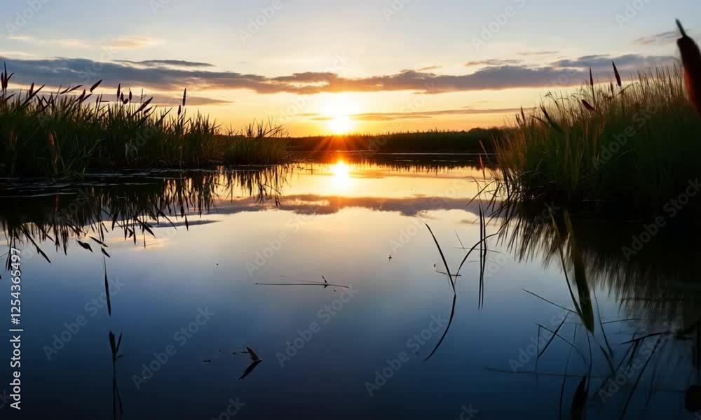 Sunset over calm wetland, reflecting sky, reeds, peaceful nature scene, ideal for travel, nature, and serenity themes Sunset over calm wetland, reflecting sky, reeds, peaceful nature scene, ideal for travel, nature, and serenity themes