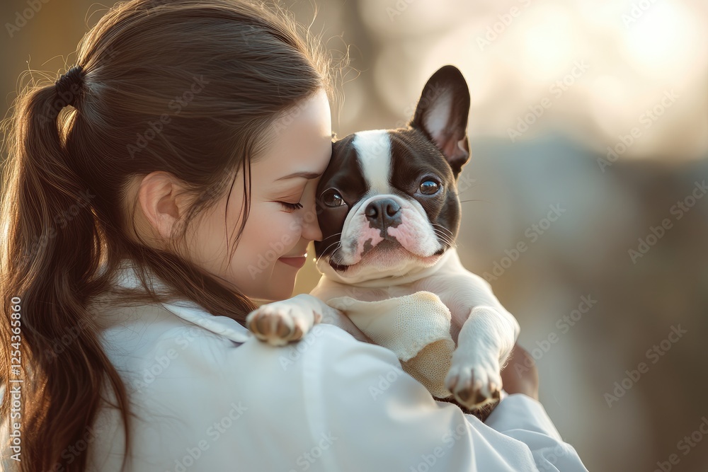 Woman Gently Holds and Cuddles a Boston Terrier Puppy Woman Gently Holds and Cuddles a Boston Terrier Puppy