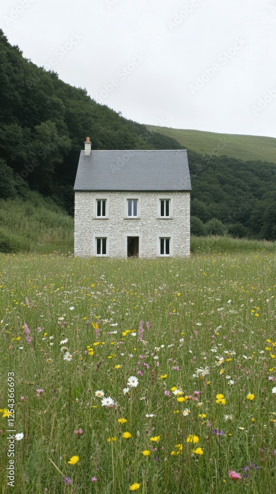 Charming Stone House in Serene Meadow Surrounded by Lush Greenery and Wildflowers Under Overcast Sky Charming Stone House in Serene Meadow Surrounded by Lush Greenery and Wildflowers Under Overcast Sky