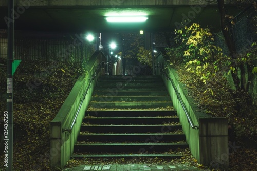 Dimly lit staircase leading to an unknown dark destination photo