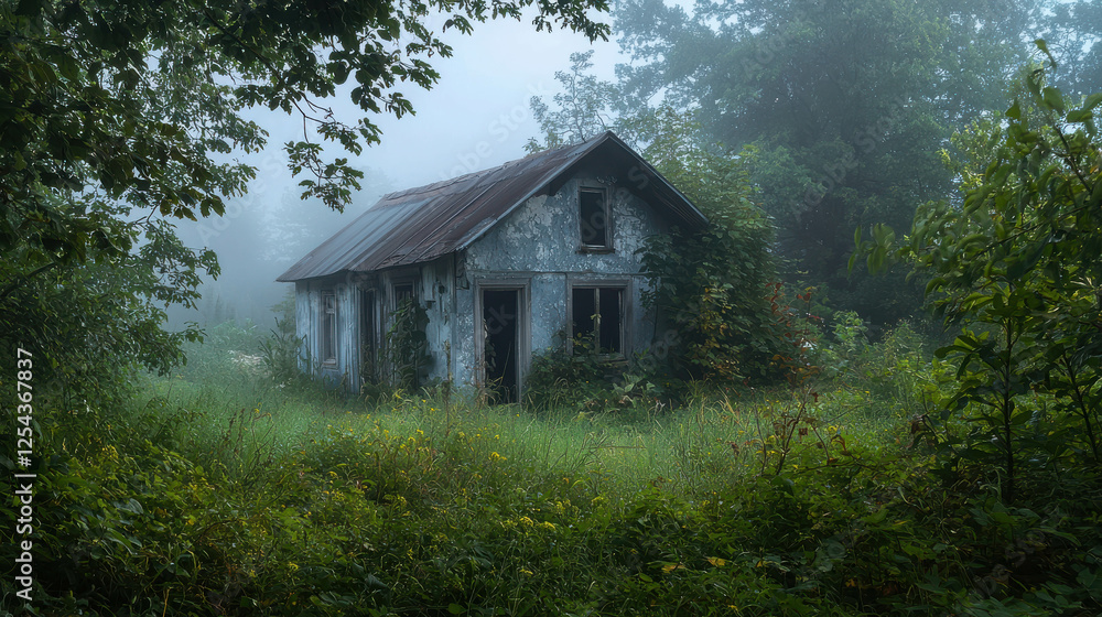 Abandoned Rural House Covered in Fog in Overgrown Vegetation on a Quiet Morning Abandoned Rural House Covered in Fog in Overgrown Vegetation on a Quiet Morning