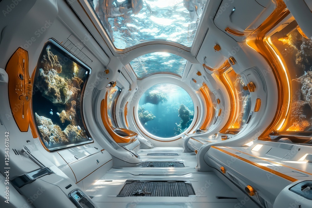 High-tech futuristic spaceship interior with sleek design High-tech futuristic spaceship interior with sleek design