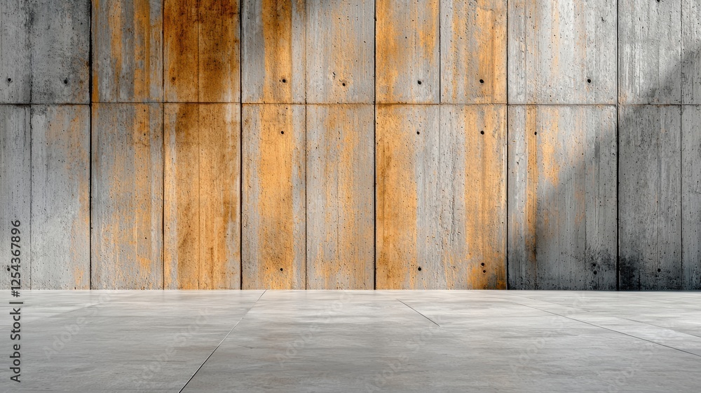 A minimalist concrete wall with a rusty texture, showcasing a blend of smooth and rough surfaces under natural light.