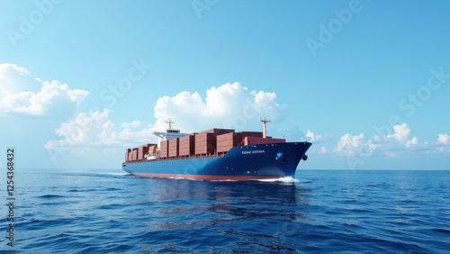 Blue-hulled container ship slicing through the sea, its vast deck brimming with stacks of earth-toned containers, framed by a sleek white stripe photo