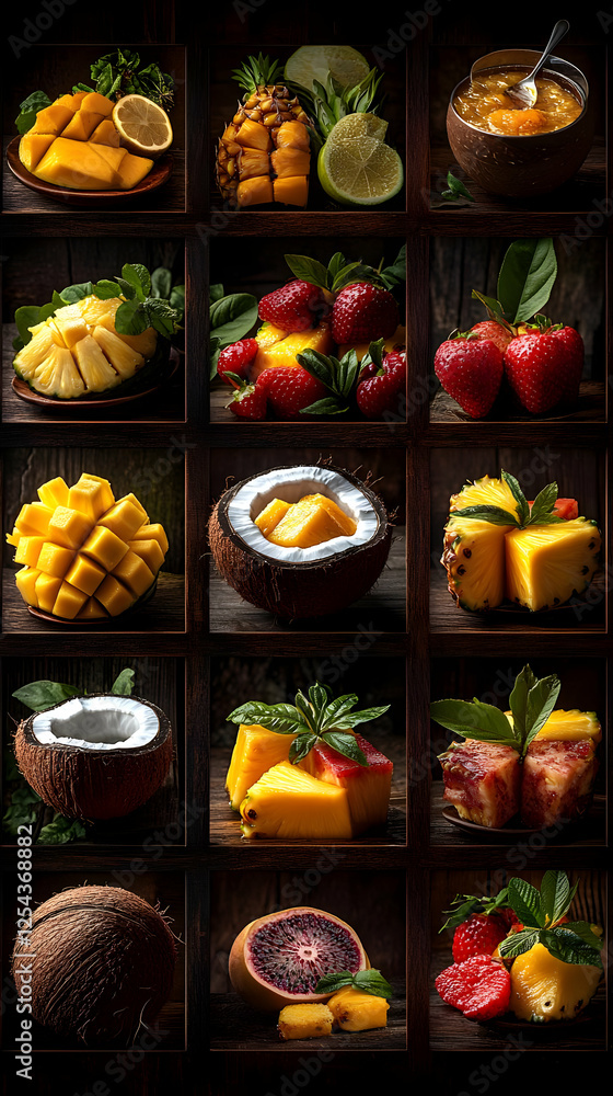 Assorted Tropical Fruits Displayed On Wooden Grid Assorted Tropical Fruits Displayed On Wooden Grid