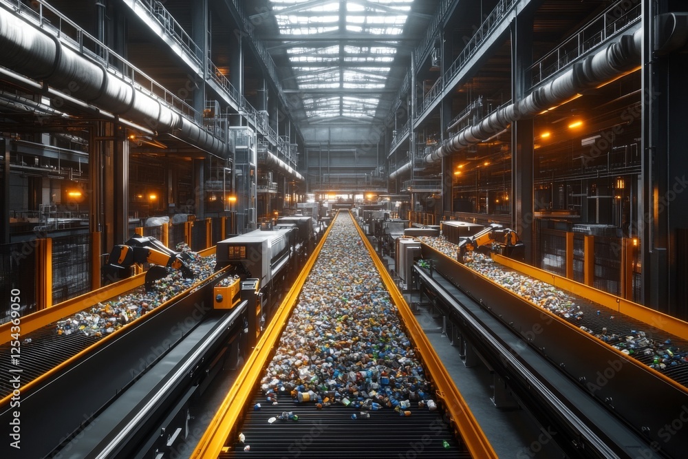 Conveyor belt system in a factory with bright industrial lighting Conveyor belt system in a factory with bright industrial lighting