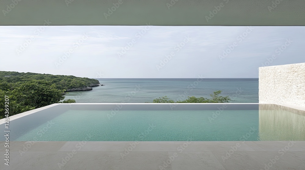Obraz premium Luxurious Infinity Pool Overlooking Serene Ocean View with Lush Greenery and Clear Blue Sky in Modern Minimalist Setting