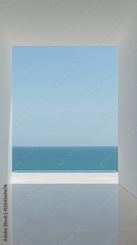 Fototapeta premium Minimalist Architectural Design with Ocean View Through Large Open Window in Modern White Interior