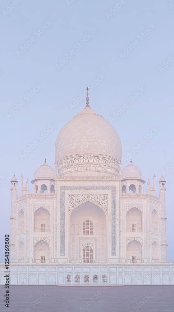 Obraz premium Majestic View of the Taj Mahal at Dawn with Soft Pastel Sky and Serene Atmosphere Highlighting Iconic Mughal Architecture in Agra, India