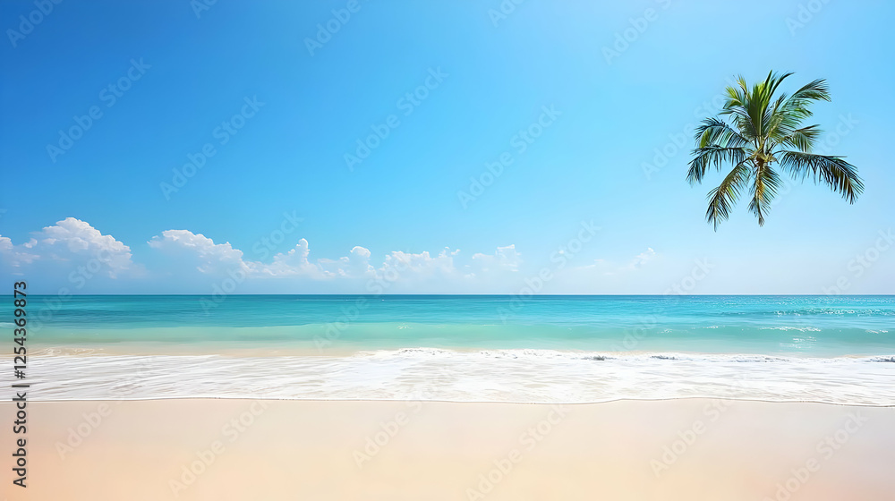Tropical Beach Scene: Blue Ocean, White Sand, Palm Tree Tropical Beach Scene: Blue Ocean, White Sand, Palm Tree