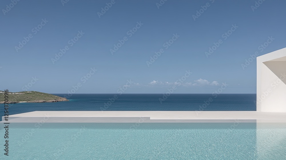 Luxurious Infinity Pool Overlooking Serene Ocean Horizon with Clear Blue Skies and Minimalist Architecture