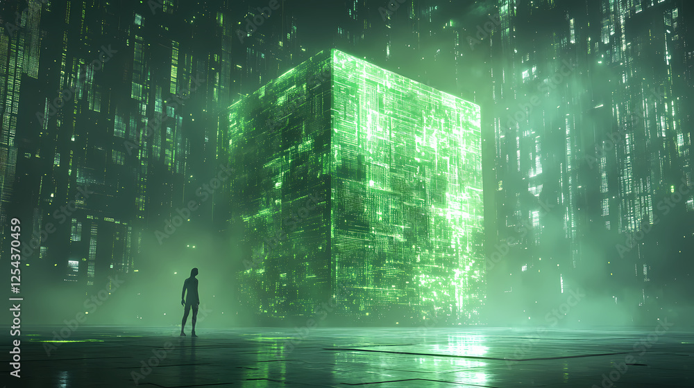 Naklejka premium Lonely Figure Before a Glowing Cube in Green Mist